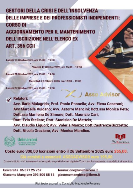 Corso di aggiornamento Gestori della crisi e dell’insolvenza delle imprese e dei professionisti indipendenti 2025