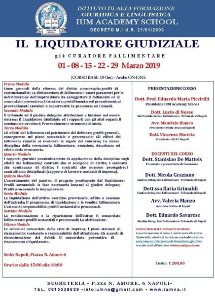 Il liquidatore giudiziale I.U.M. Academy School 2019